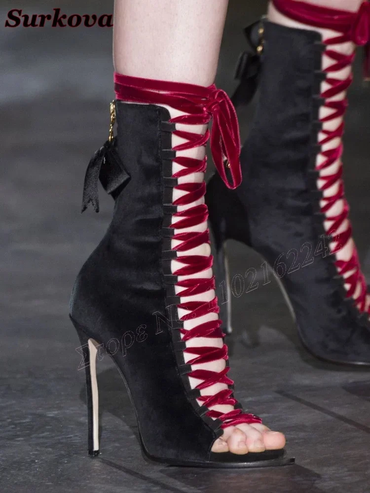 

Velvet Open Toe Cross Strap Sandals Round Head Stiletto Back Zipper Ankle Women'S Boots Sexy Catwalk Party Modern Boots Summer