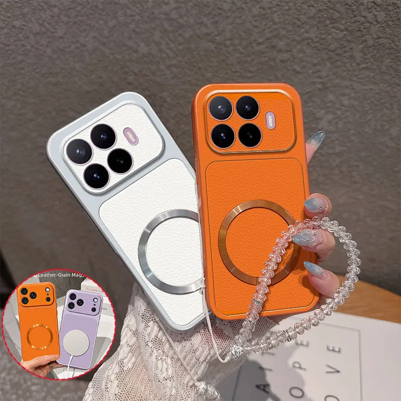 Luxury Vintage PU Lychee Leather with Magnetic Circle Crystal Beaded Strap TPU Phone Case For Xiaomi 17T 17 Pro Max Back Cover