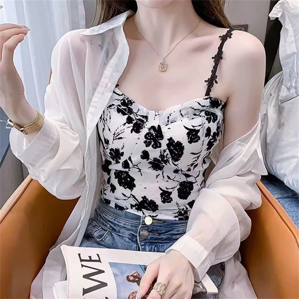 Chic Floral Print Tanks Top Korean Fashion Camis Basic Slim Crop Top Sweet Off Shoulder Corset Bustier Summer Women Sling Tops