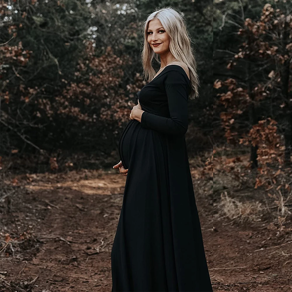 فستان ماكسي للأمهات برقبة على شكل حرف V وأكمام طويلة، فستان أنيق للتصوير الفوتوغرافي للنساء الحوامل