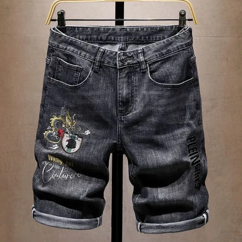 

New Spring and Summer Fashion Trend Embroidery Retro Sports Straight Leg Denim Shorts Men's Casual Loose High Quality Shorts