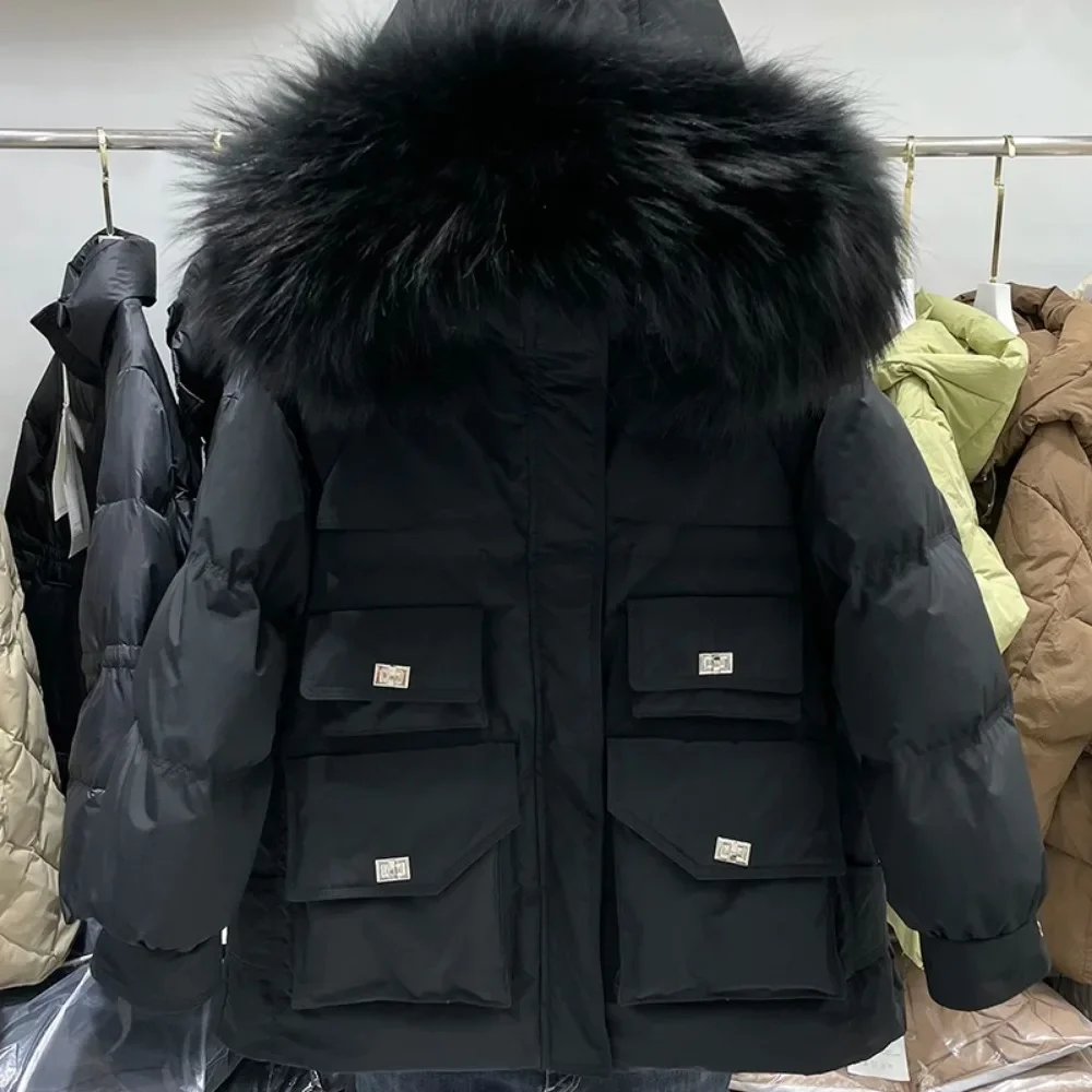 Down Jacket Women 2024 New Raccoon Fur Collar Loose Short Down Coat European Fashion Outerwear White Duck Winter Parka Jacket