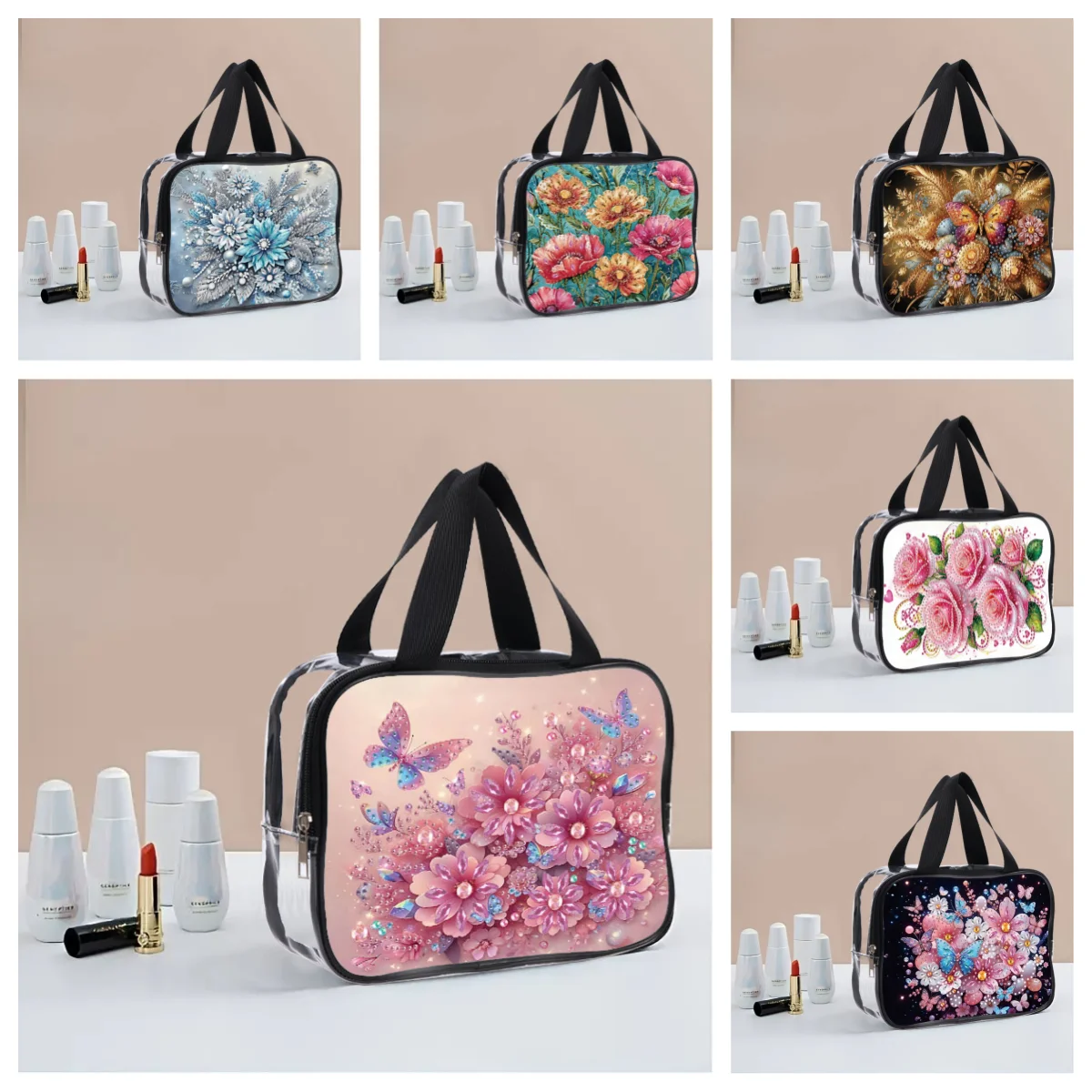 1 DIY Floral Style Diamond Painting Makeup Bag Set, PVC Transparent Toiletries Bag, Ladies' Daily Life Storage Makeup Bag view 4
