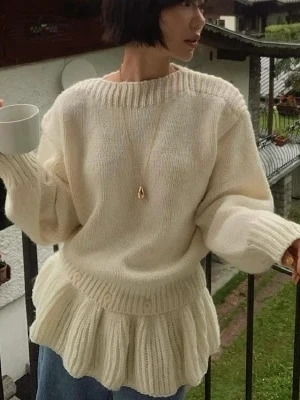 

Корейский мягкий свободный женский свитер Lazy Sle Thiened, осенний новый милый вязаный комплект из двух предметов, кружевной свитер с цветочным принтом и подолом