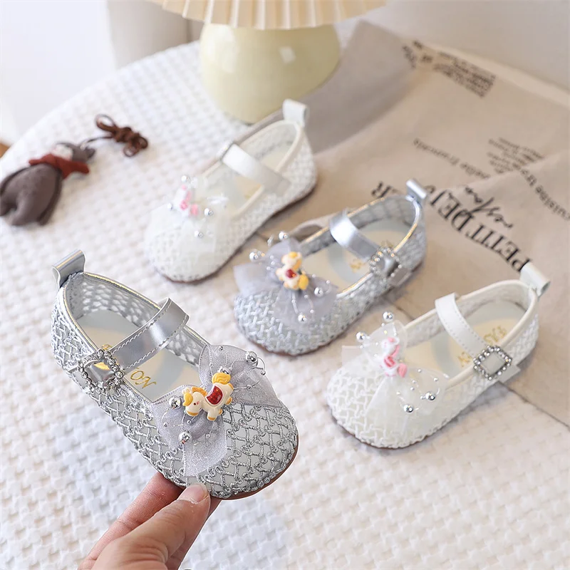 JGSHOWKITO Kids Hollow Sandals Girls Half Sandals Cut-outs Air Mesh Net Style with Bow-knot Cartoon Horse Soft Princess Sweet