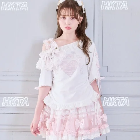 Summer New Japanese Kawaii Cute Short-sleeve T-shirt Off-shoulder Sweet Bowk Sweet Ruffle Trim Top T-shirt Heart Lolita Clothes