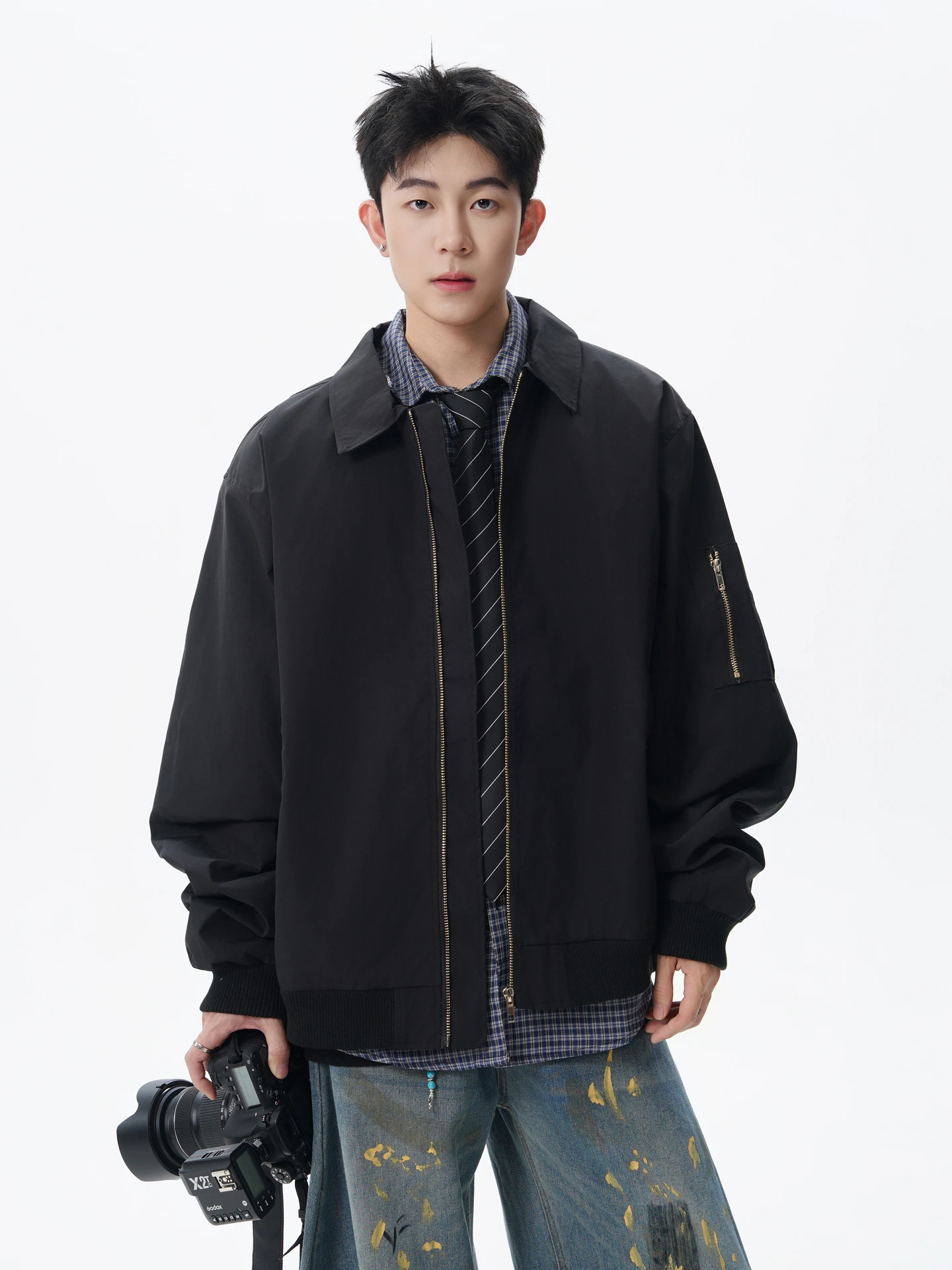 

Мужская свободная куртка-пилот с воротником, однотонная, повседневная верхняя одежда для весеннего сезона, модная, на молнии, с длинными рукавами