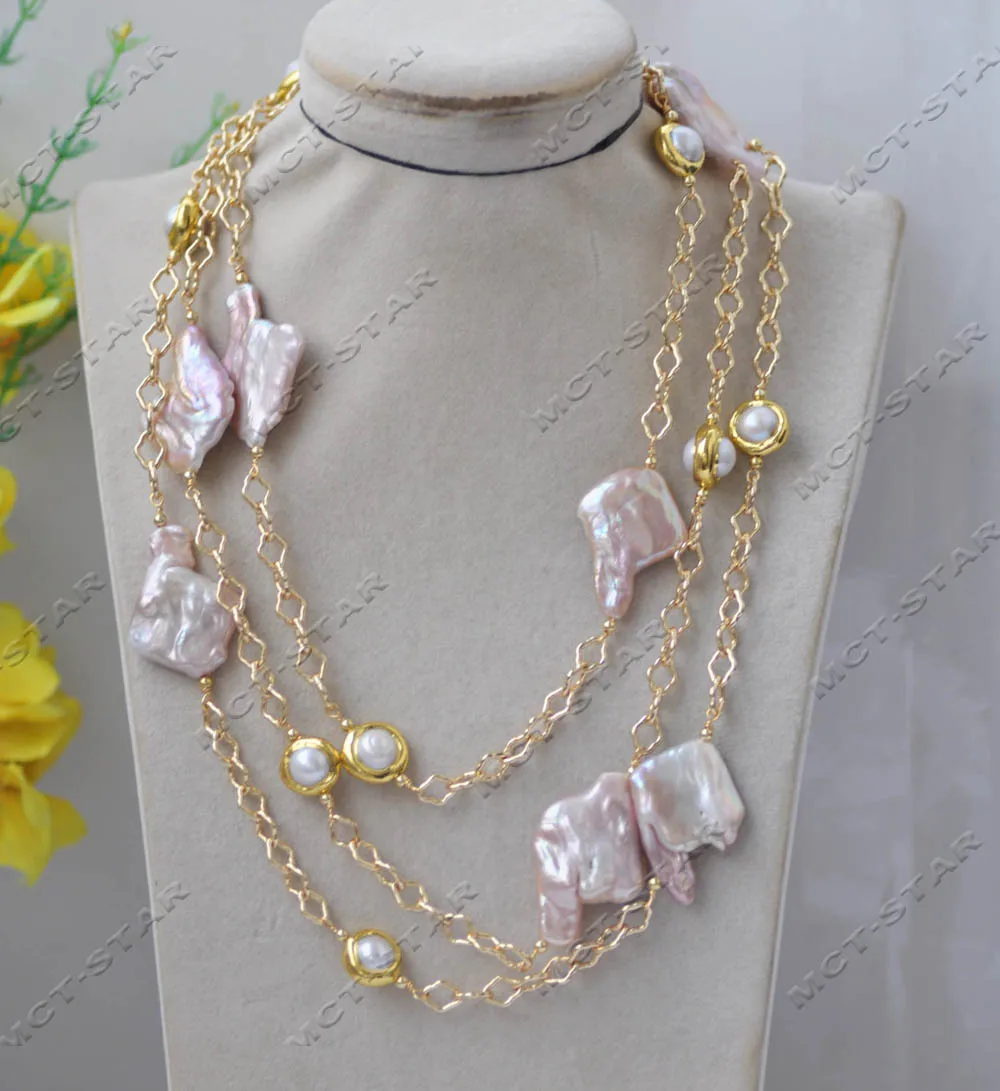 MTC·STAR Z13451 60'' 35mm Lavender Baroque Coin Pearl Round White Pearl Chain Necklace