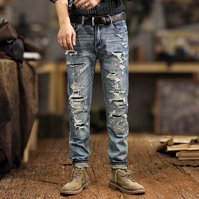 Hip Hop Jeans Men Distressed Grunge Patchwork Moto & Biker Jeans Stretch Denim Pants Slim Fit Destroyed Mens Desinger Clothing