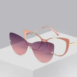 Cat Eye Flip on Sunglasses Women Anti Blue Light Glasses Frames Polarized Magnetic Clip Ladies Fashion Computer Eyeglasses 7006