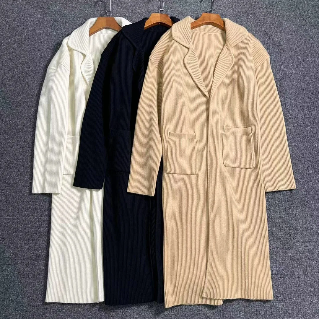 

2025 Early Spring New Minimalist High Quality Fashion Ribbed Long Knitted Cardigan Open Coat For Women