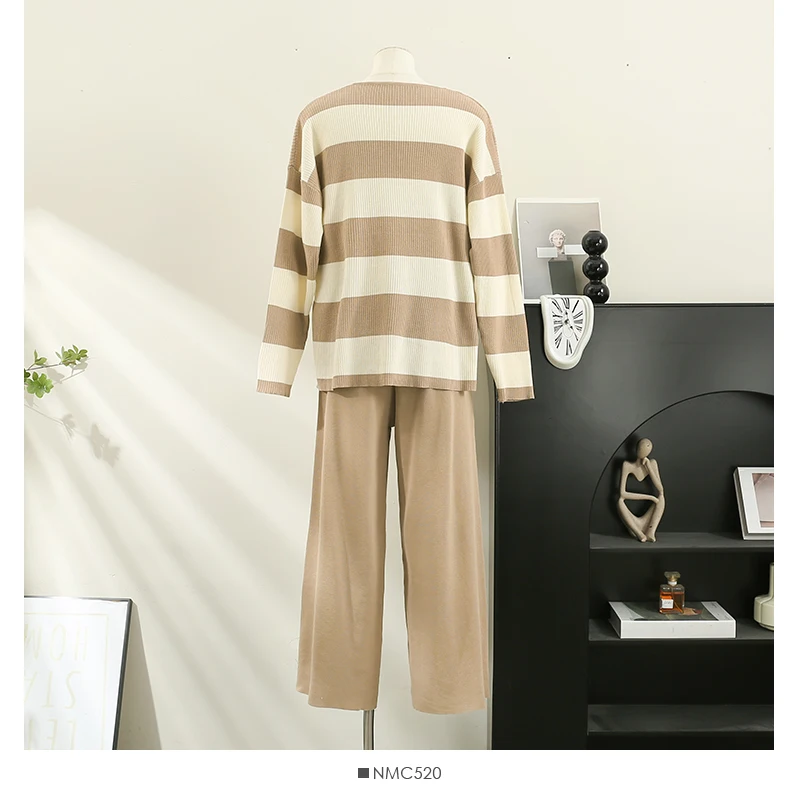 Women Fall Winter 2 Piece Set Casual V-neck Stripe Long Sleeve Tops and High Waist Elastic Solid Wide Leg Pants Office Knit Suit