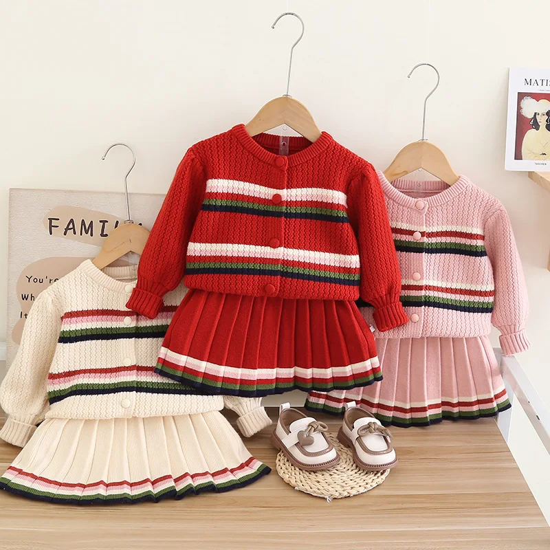 

Girls Dress Clothes Sets Spring Autumn Children Knitted Sweaters Coats Skirts 2pcs Party Suit For Baby Costume Kids Outfits 6Y