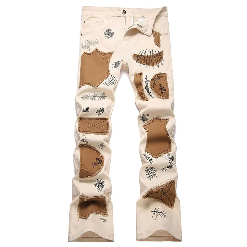 

New Men Flared Jeans Spliced Patches Denim Pants Hip Hop Streetwear High Street Casual Wide Leg Men Jeans