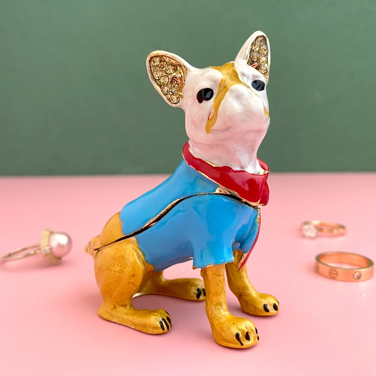 Metal Dog Figurine Hinged Hand-Painted Puppy Jewelry Trinket Box Wedding Ring Holder Gift Dresser Decor