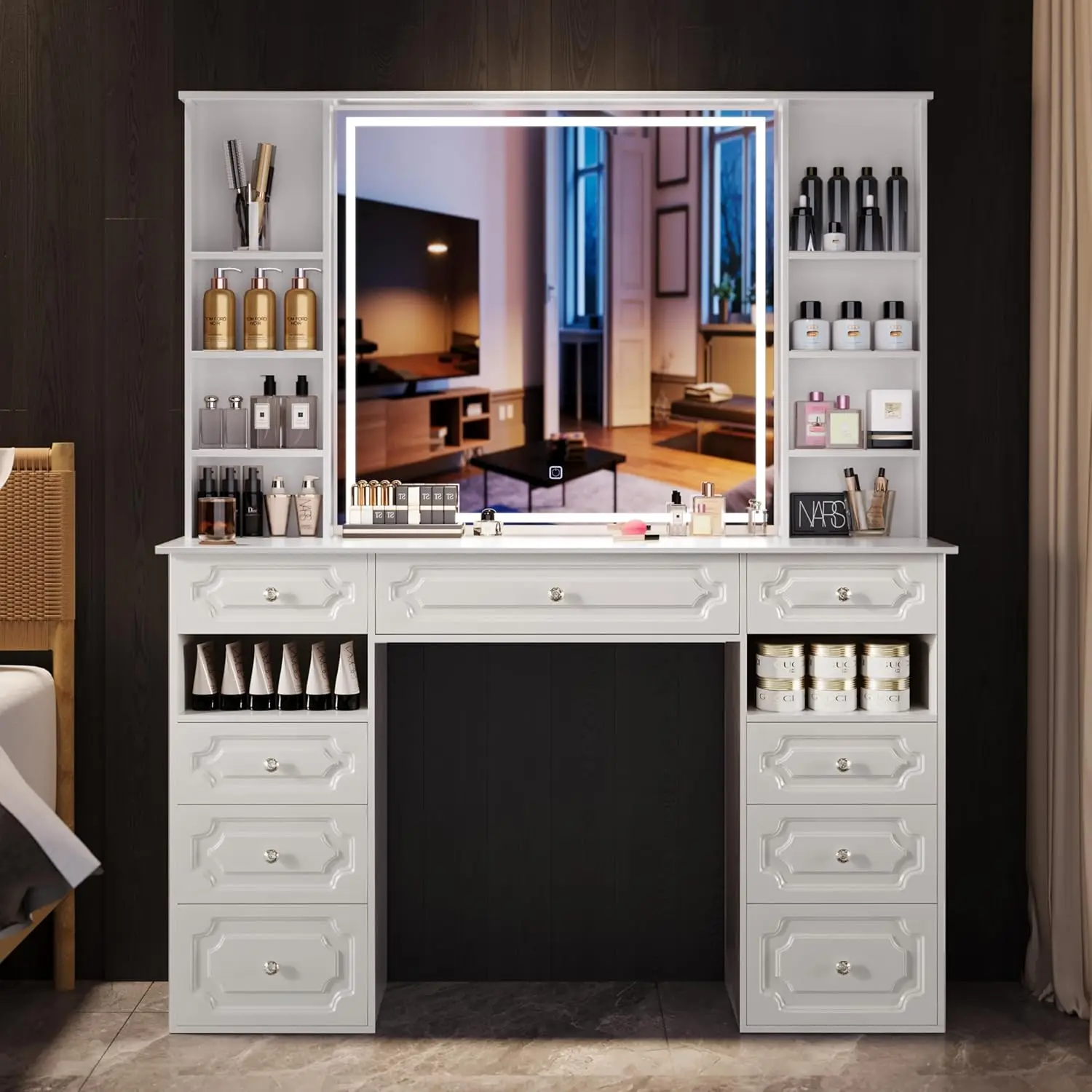 

Extra Large Vanity Desk with Lighted Mirror Huge Desktop Makeup Vanity Table with 9 Drawers European Style Vanity Crystal