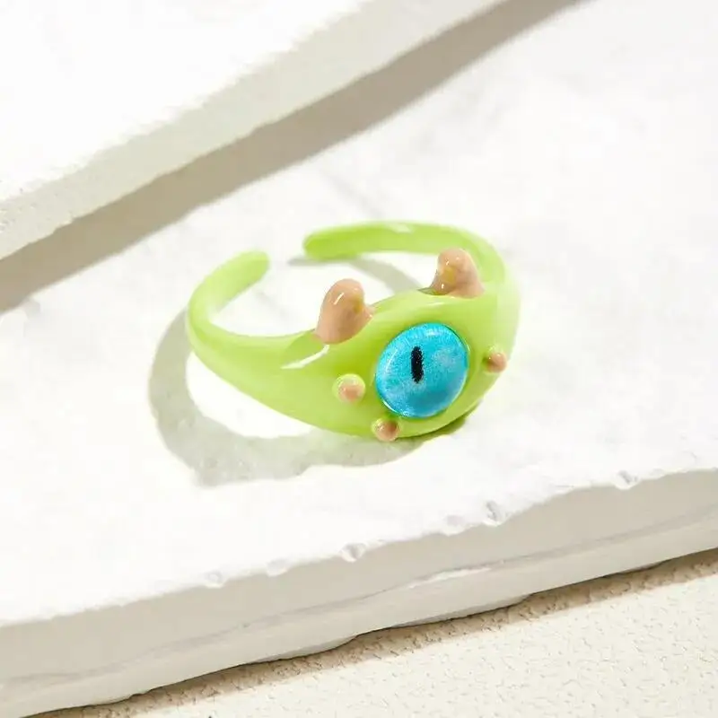 2024 New Cute Green Monster Rings Women Fashion Sweet Two Color Cat Eyes Open Couple Ring Wedding Finger Accessories Jewelry