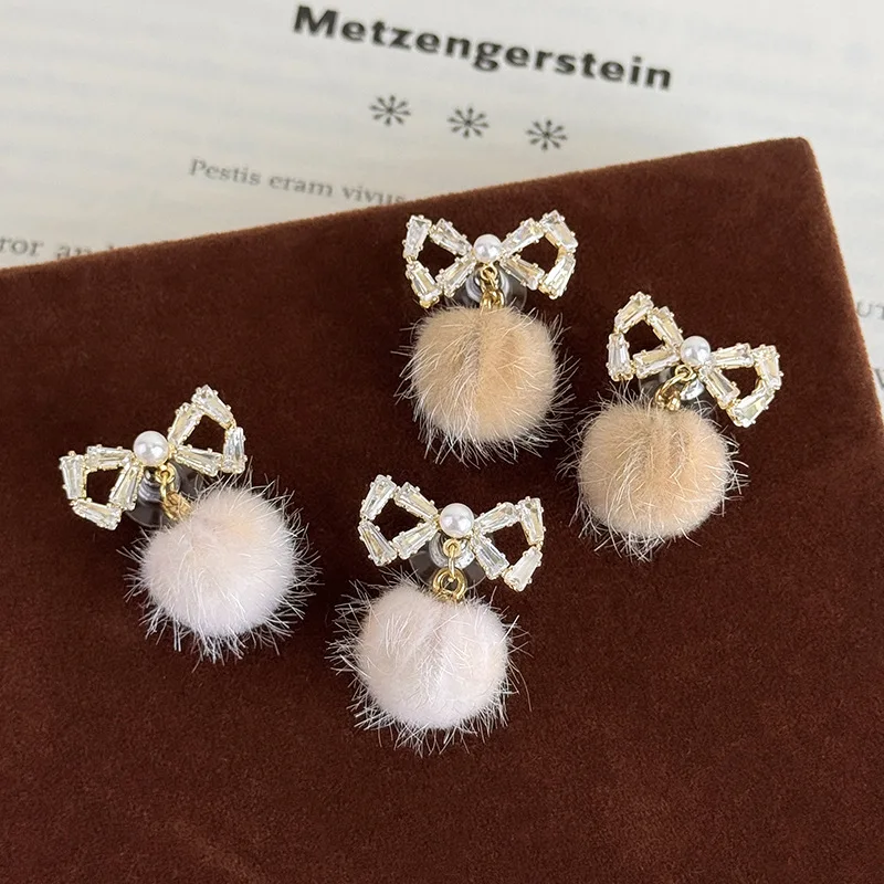Light Luxury Pearl Zircon Bow Fluffy Earrings Minimalist Chic Daily Wear Comfortable for Cold Season