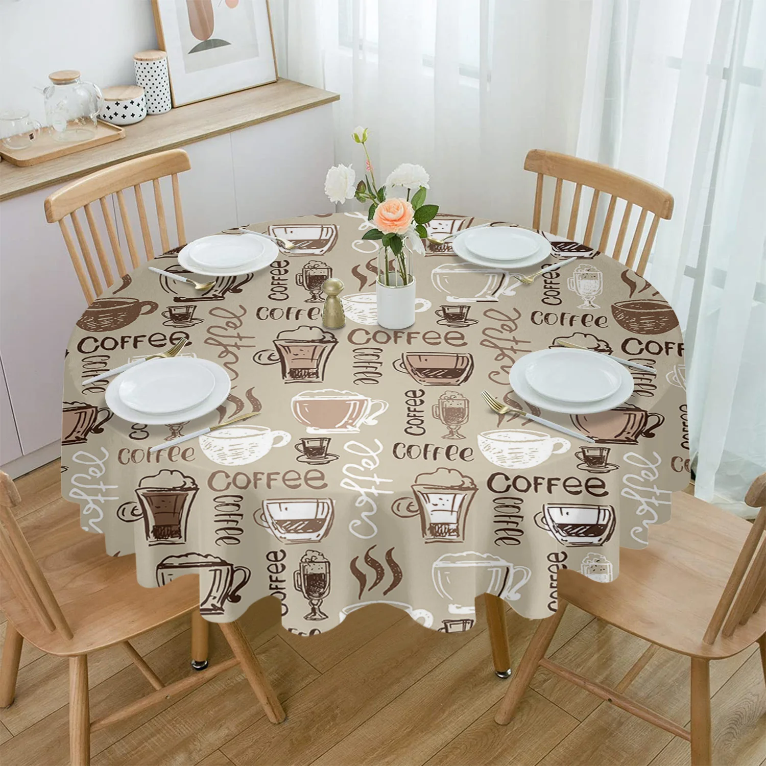 

Coffee Coffee Beans Coffee Cup Round Tablecloth Waterproof Table Cover for Wedding Party Decoration Dining Table Cover