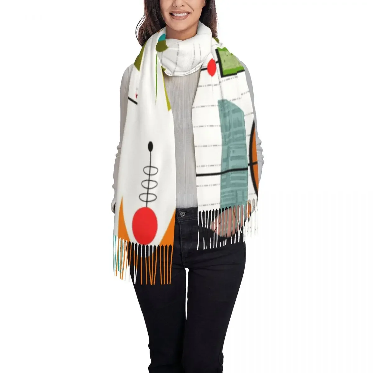 Mid Century Modern Abstract Geometric Scarf Wrap Women Long Winter Warm Tassel Shawl Unisex Eames Era Inspired Scarves