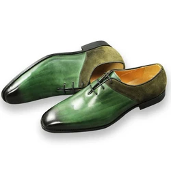 Green Classic Men Shoes  Leather Formal Casual Wedding Party Lace Up Oxfords Big Size Suede and Split Leather Footwear For Males