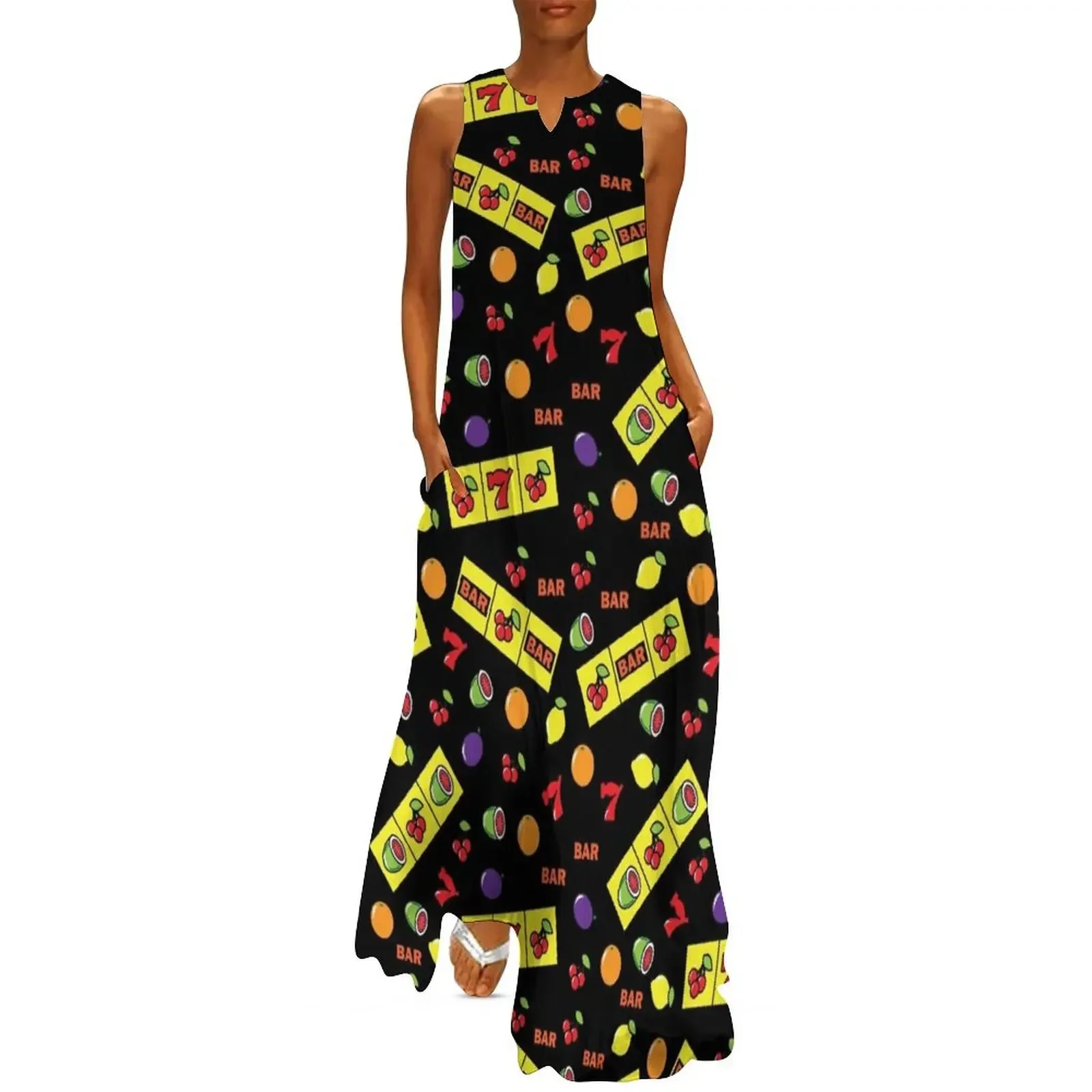 

Casino Lucky Slots Cherry Melon Lemon Fruit Pattern Long Dress womens clothing Long dresses womens dress Dress