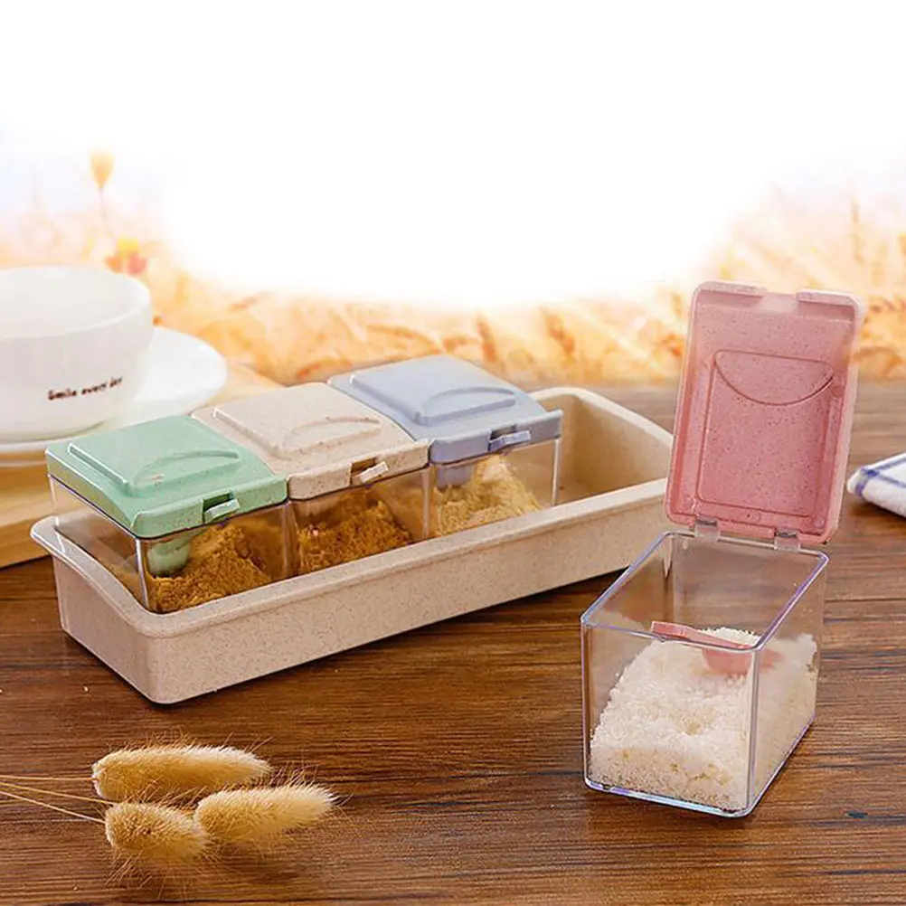 Wheat Straw 4-Compartment Seasoning Storage Box Food Grade Eco Friendly Spice Jar with Spoon for Salt Sugar Pepper Curry Mustard