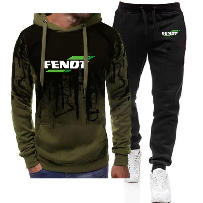 

FENDT Men's Hoodies Sport Gradient Suits Spring Autumn New Printing Comfortable Pure Cotton Pullover + Causal Sweatpants Sets