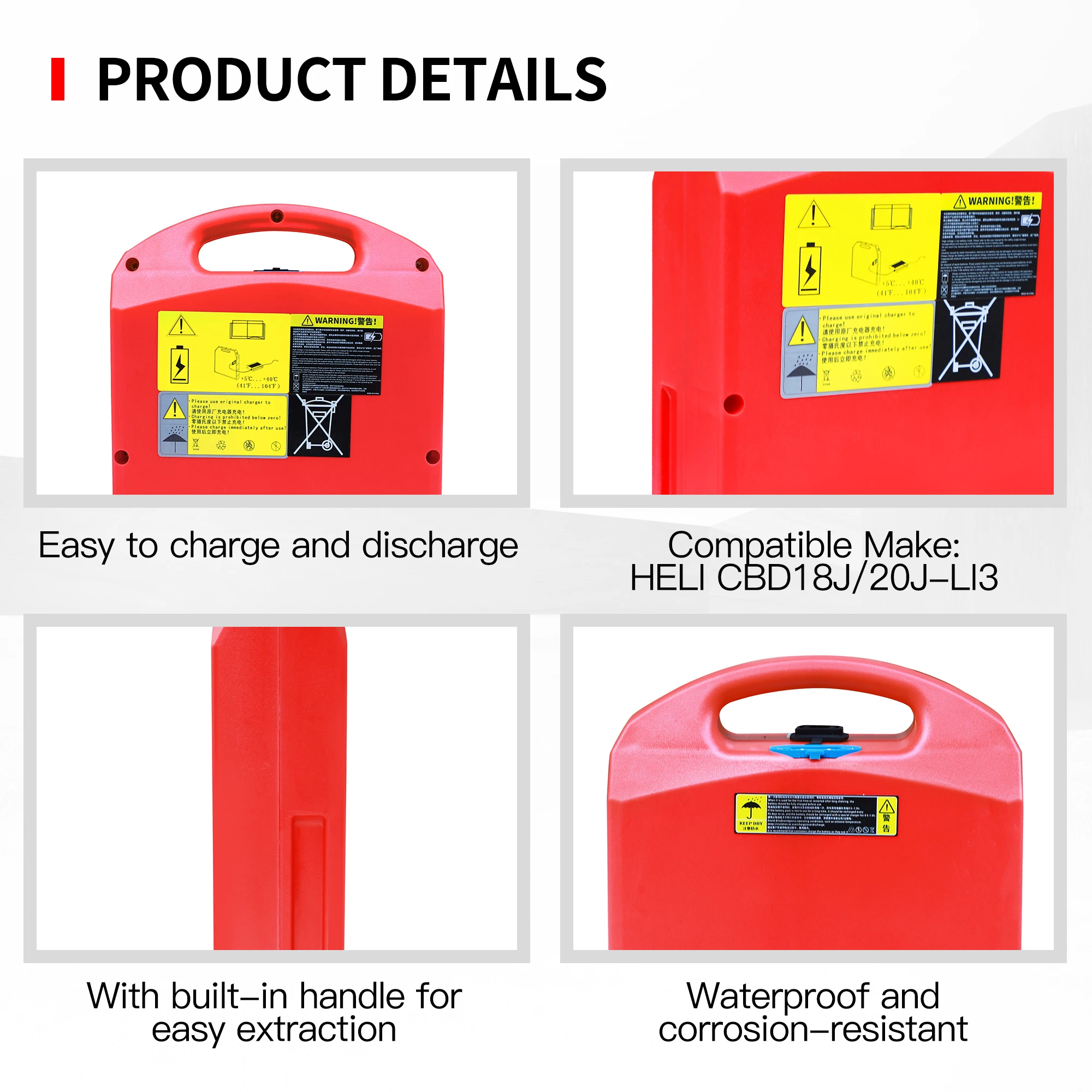 بطارية ليثيوم LiFePO4 حمراء 48 فولت 20 أمبير في الساعة لمقبس البليت الكهربائي Heli DC20 4400LBS Heli/Jiali CBD18/20J-LI3