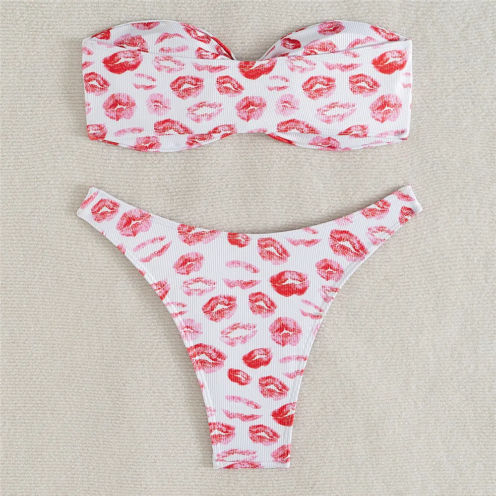 Rode Lip Print Bandau Mini Bikini Micro Sexy Badpak Vrouwen Vakantie Badmode Hoge Cut Badpak Witte Bikini De Mujer 2025