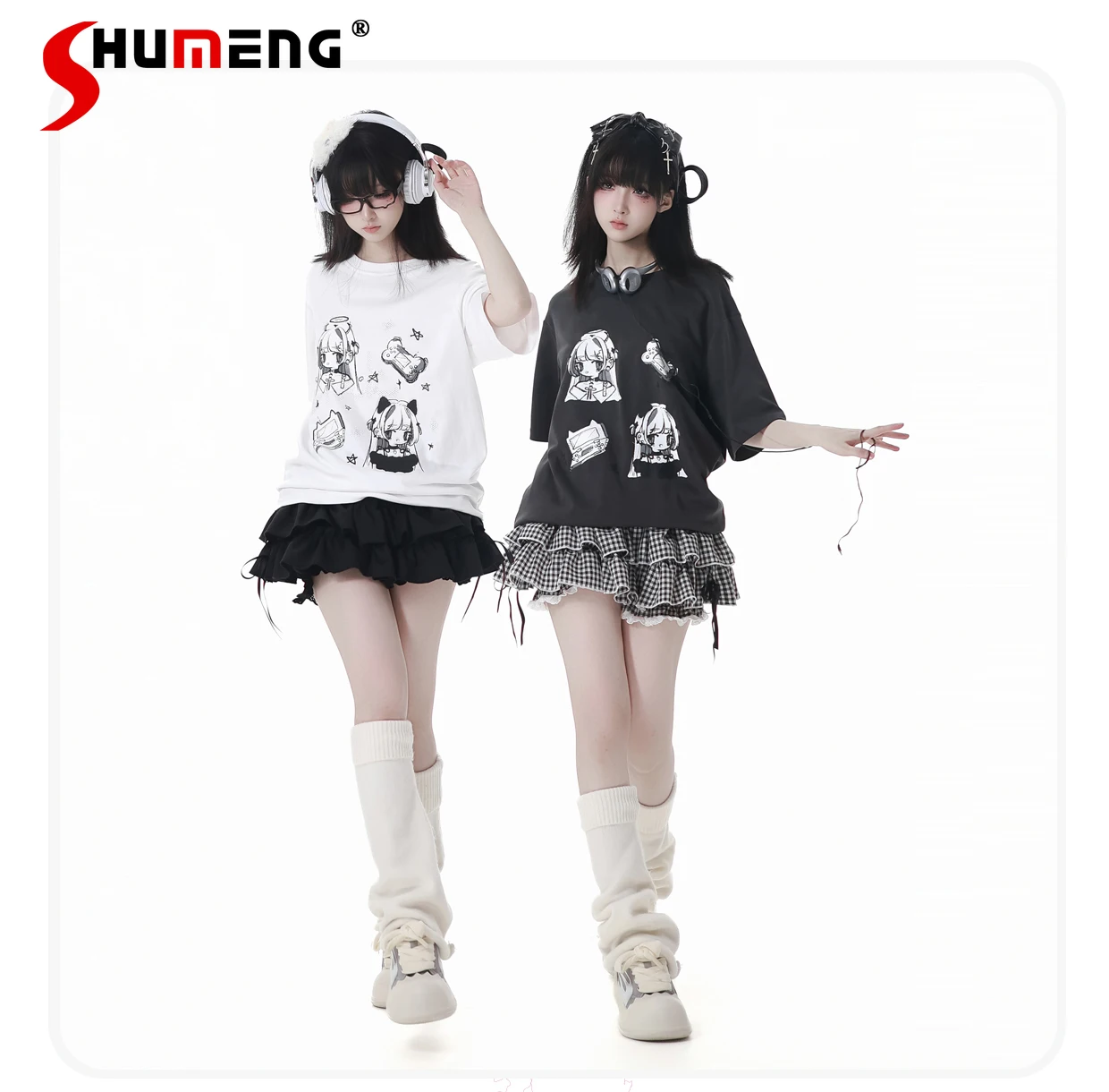 

Sweet Cool Girl Summer Suit Anime Print Round Neck Short Sleeve Loose T-shirt Elastic High Waist Plaid Bow Mini Pantskirts Women