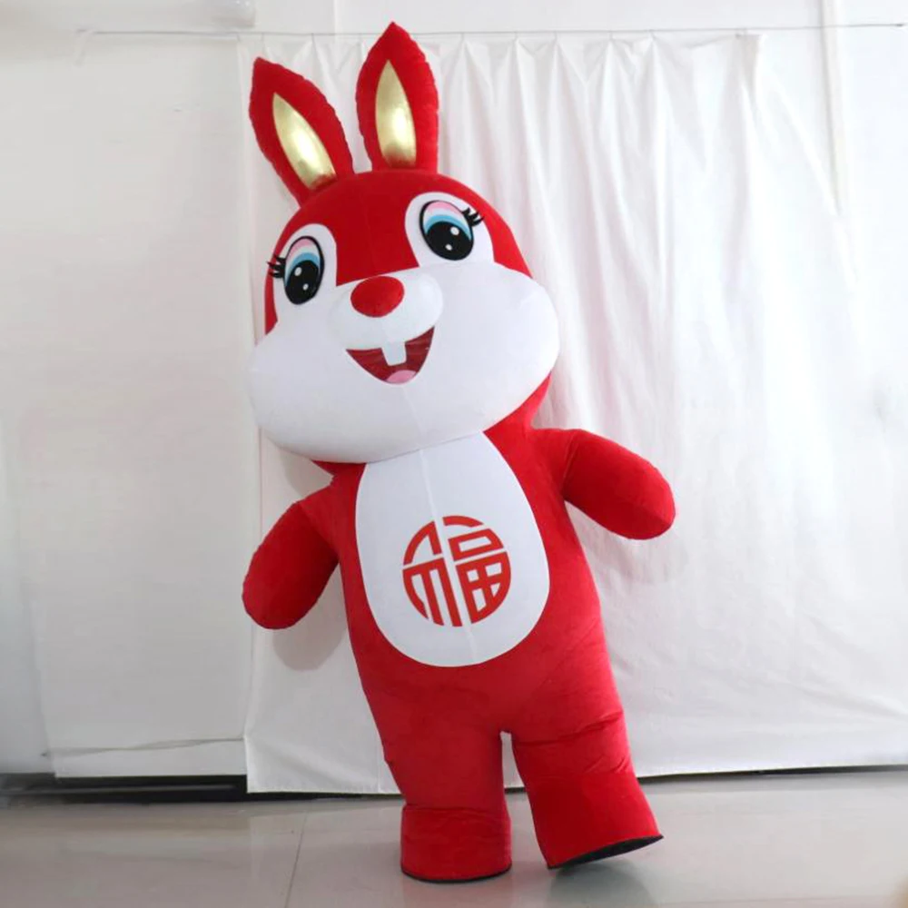 Happiness Red Rabbit Mascot Costume Christmas Festival Golden Ears Giant Bunny Inflatable Costume For Adult Cosplay Fur Suit