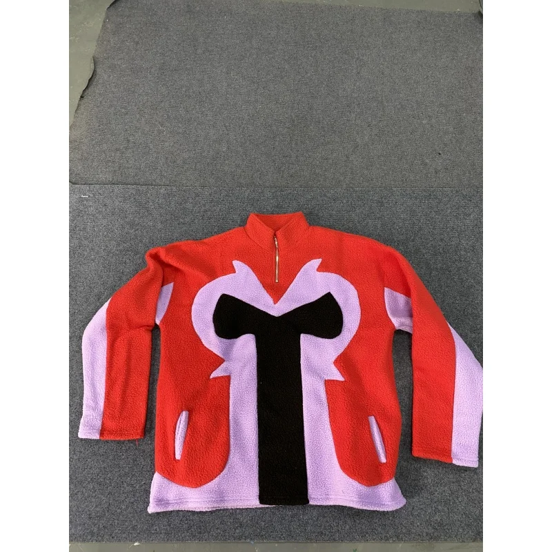 2025 European and American contrasting fleece stand up collar sweatshirt long sleeved women's trendy brand pocket splicing atmos