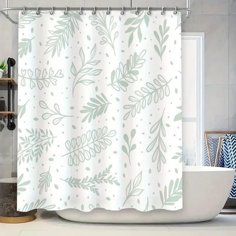

Leaf Pattern Shower Curtain Green and White Boho Style Decor for Bathrooms