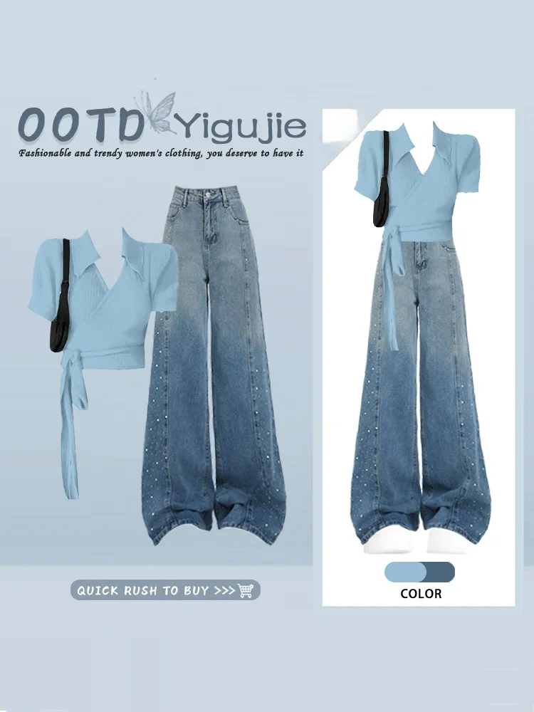 

Blue Anti-Aging Beautiful Waist-Cinching Short Sleeve Women's Design Sensation Summer Rhinestone Denim High Waist Wide Leg Tw...