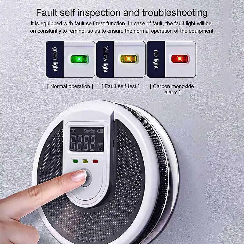 Fumo Composto e Monóxido De Carbono Detector De Vazamento, Display LCD, Alarme De Luz Sonora, Funções, Prevenção De Incêndio Interior