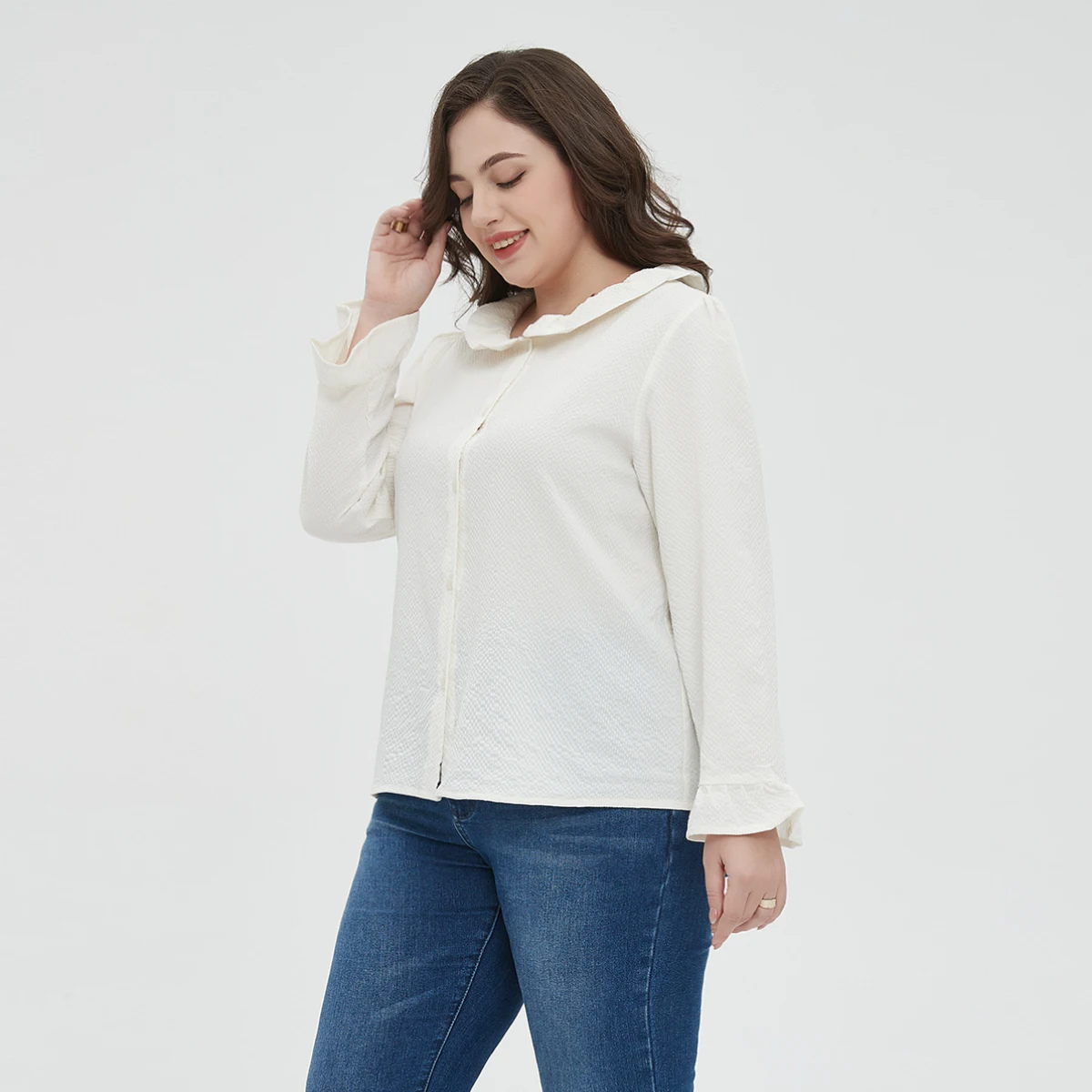 Blusa frontal feminina de botão monocromático, manga comprida, casual de colarinho, plus size, roupas femininas para primavera e outono, L048