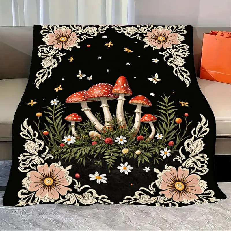 

1pc Flannel Blanket Boho Floral Mushroom Blanket with Butterflies for Cozy Home Decor