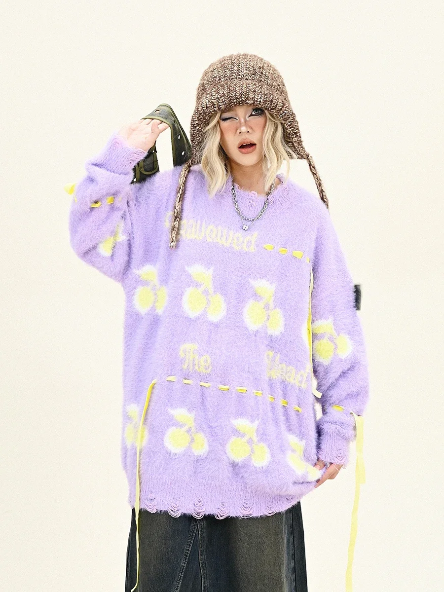 Dopamine Cherry Crew Neck Sweater Women's 2024 Winter New Loose BF American High Street Knitting Tide image 5