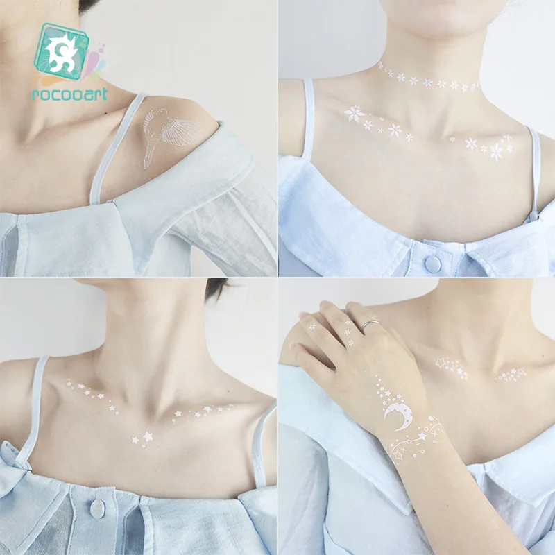 Waterproof Hand White Tattoo Small Fresh Collarbone Face Flower Temporary Tattoo Sticker Size:158x120mm