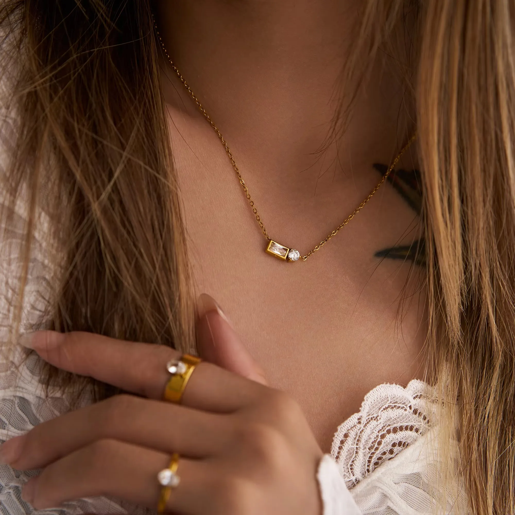 Tarnish Free 18k Gold Plated Stainless Steel French Minimalist Zircon 2 Design Pendant Necklace for Women Chains Choker Jewelry image 5