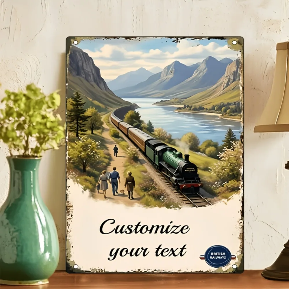 CIFbuy Custom Text Rectangle Metal Sign,Vintage Steam Train Mountain Wall Decor (Only For Decoration)