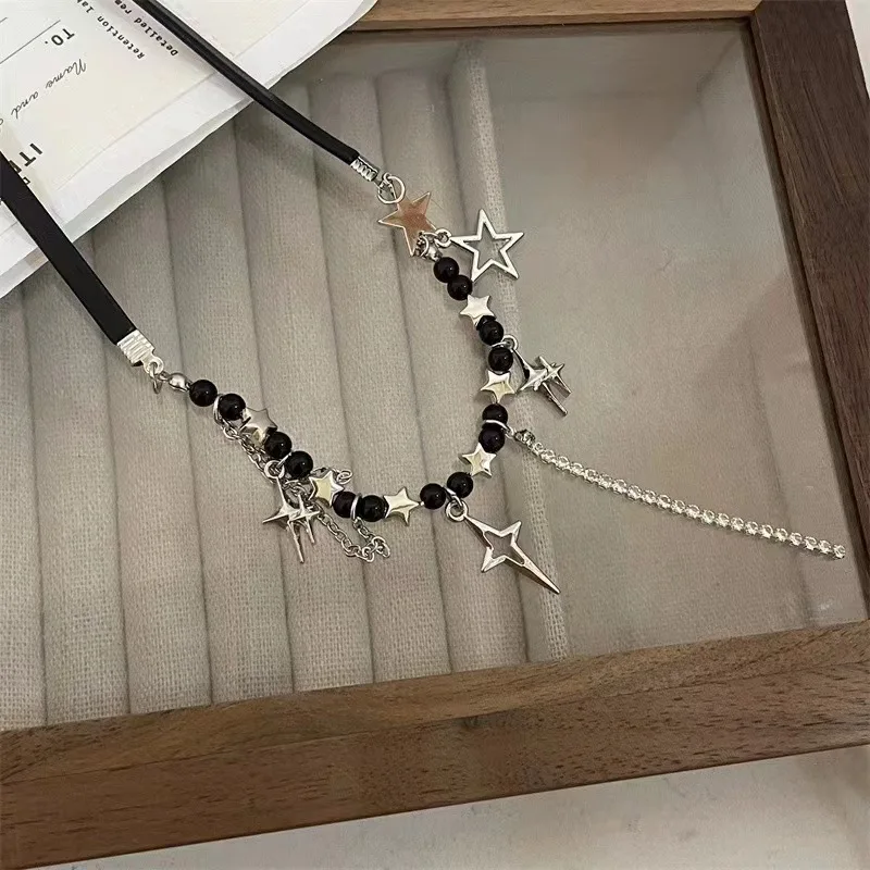 Goth Vintage Punk Harajuku Y2K Cross Pendant Beaded Rope Chain Choker Necklace For Girl Aesthetic EMO Grunge Jewelry Accessories