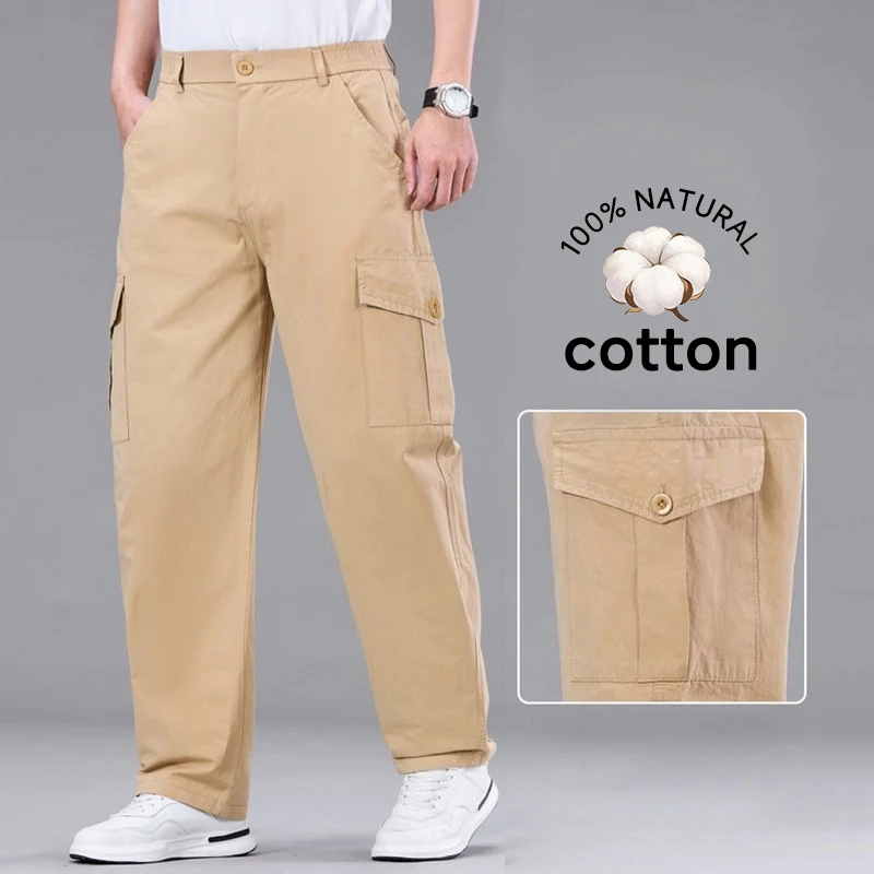 Spring Summer Men's Cotton Cargo Pants Baggy Multi-Pocket Work Outdoor Adjustable Trousers Straight Hiking Pants Overalls Man