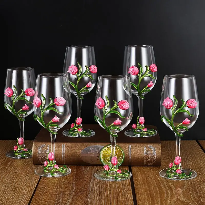 

High-end Enamel Red Floral Wine Glass European-style Wine Goblet Champagne Glass Wedding Gift