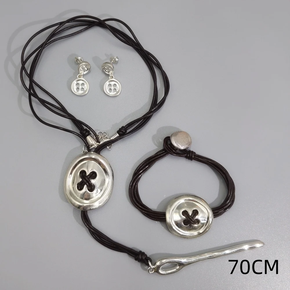 Spain 2026 hot selling casual style gold silver button earrings leather rope long necklace jewelry accessories set surprise gift
