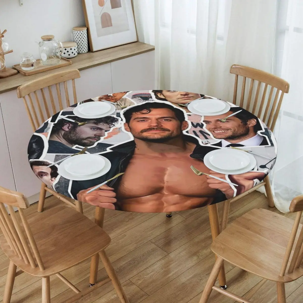 Henry Cavill Photo Collage Waterproof Round Tablecloth Oilproof Table Cloth for Kitchen Events Dining Table Cover