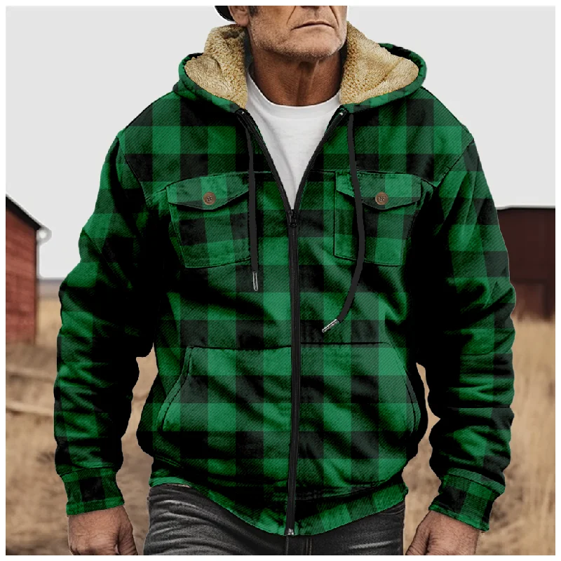 

New plaid cotton jacket hooded sweater casual printed men's terry polar velvet zipper patch pocket hooded sweater a02