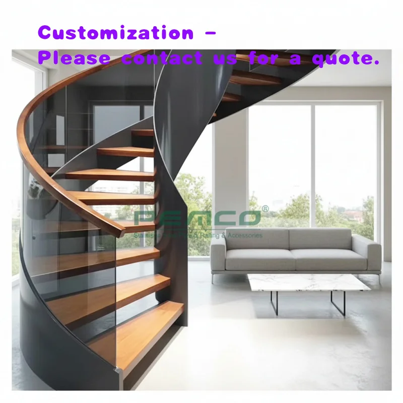 

custom.Factory Price Stair Indoor Home Wooden Tread Glass Railing Curve Staircase
