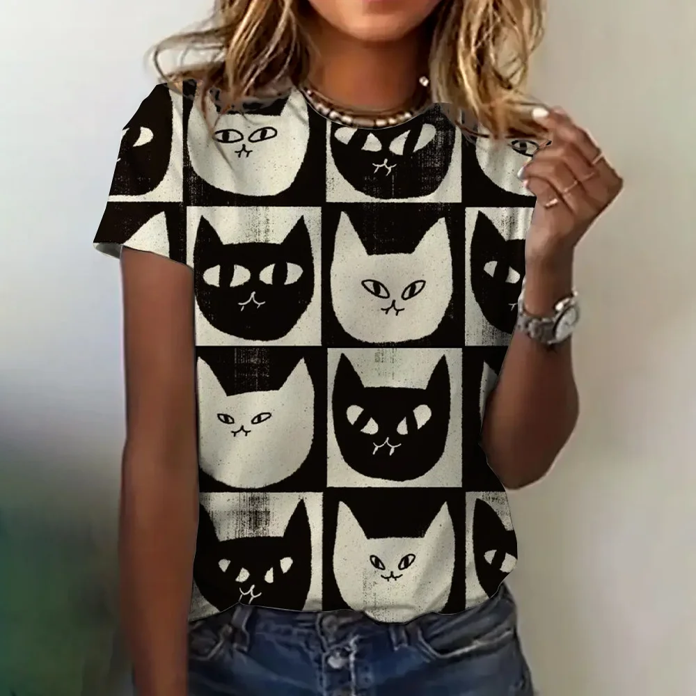 Dames T-shirt 3D Kat Print Kleding Zomer Ronde hals Mode Korte mouwen Elegant Casual Top Los T-shirt Dameskleding